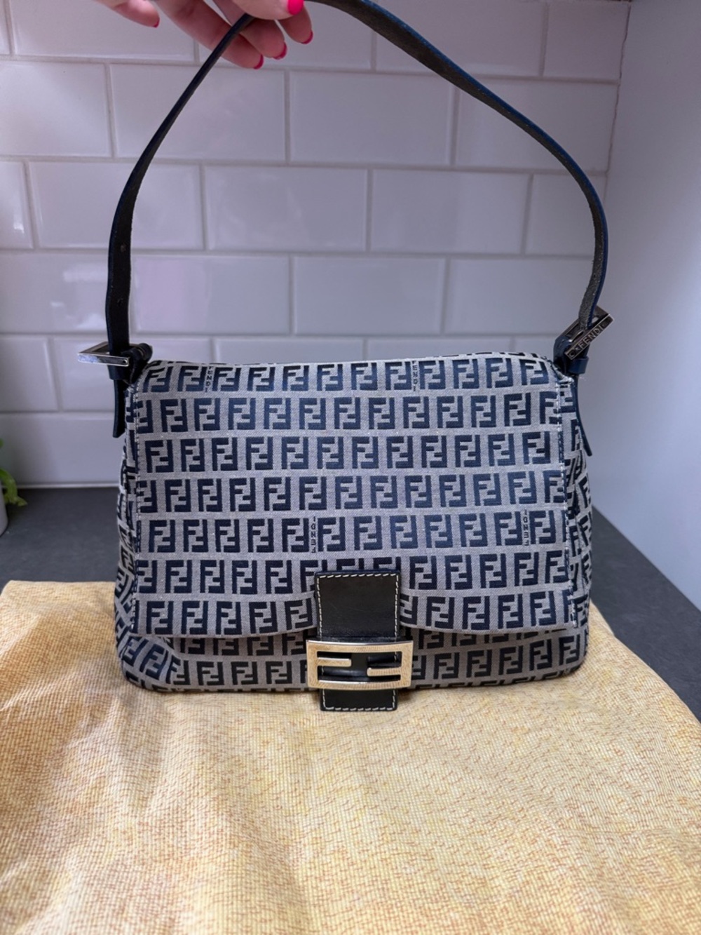 Fendi Zucca Mama Baguette Navy Blue Silver Hardware - Picture 1 of 12